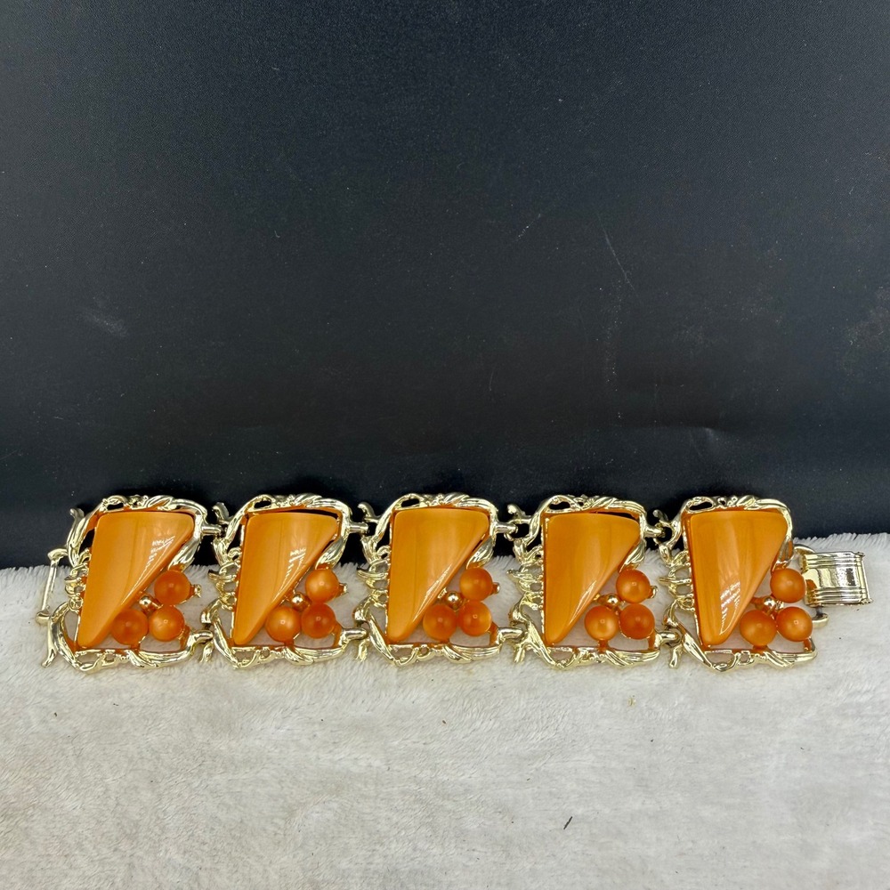 Vintage Thermoset Bracelet Orange Gold Tone Signed PAM  Link 7.5in